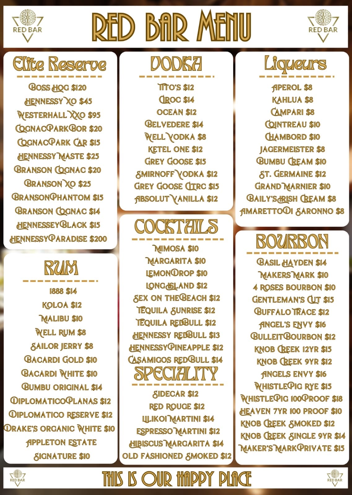 Red Bar Hawaii printed menu, page 2